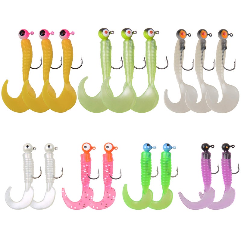 SILANON Grub Lures Fishing Jigs Head Hooks Kit- Soft Plastic Grub Tail Worm Lure Bait Crappie Jigs Buster Tubes Baits for Bass Trout Saltwater Freshwater Fishing 17pcs - Image 1